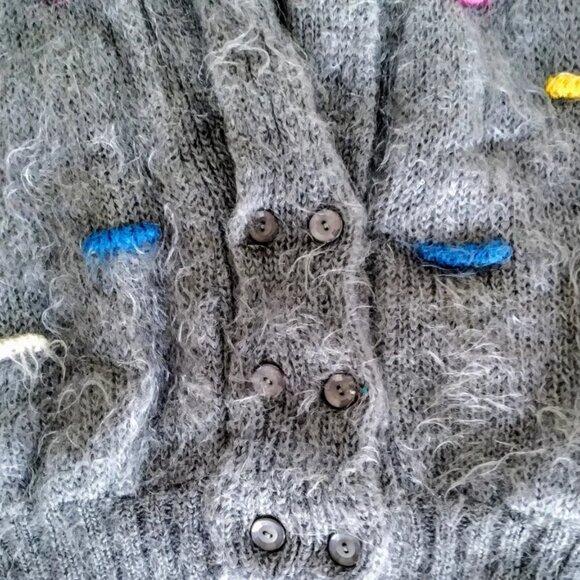 Grandma Core Sweater, Mohair Cardigan Made in Ireland 3 D Lined Pockets Charcoal - Picture 3 of 10